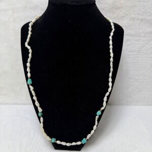 Lucoral White Rice Pearl and Turquoise Nugget Beaded Necklace Beachy Coastal